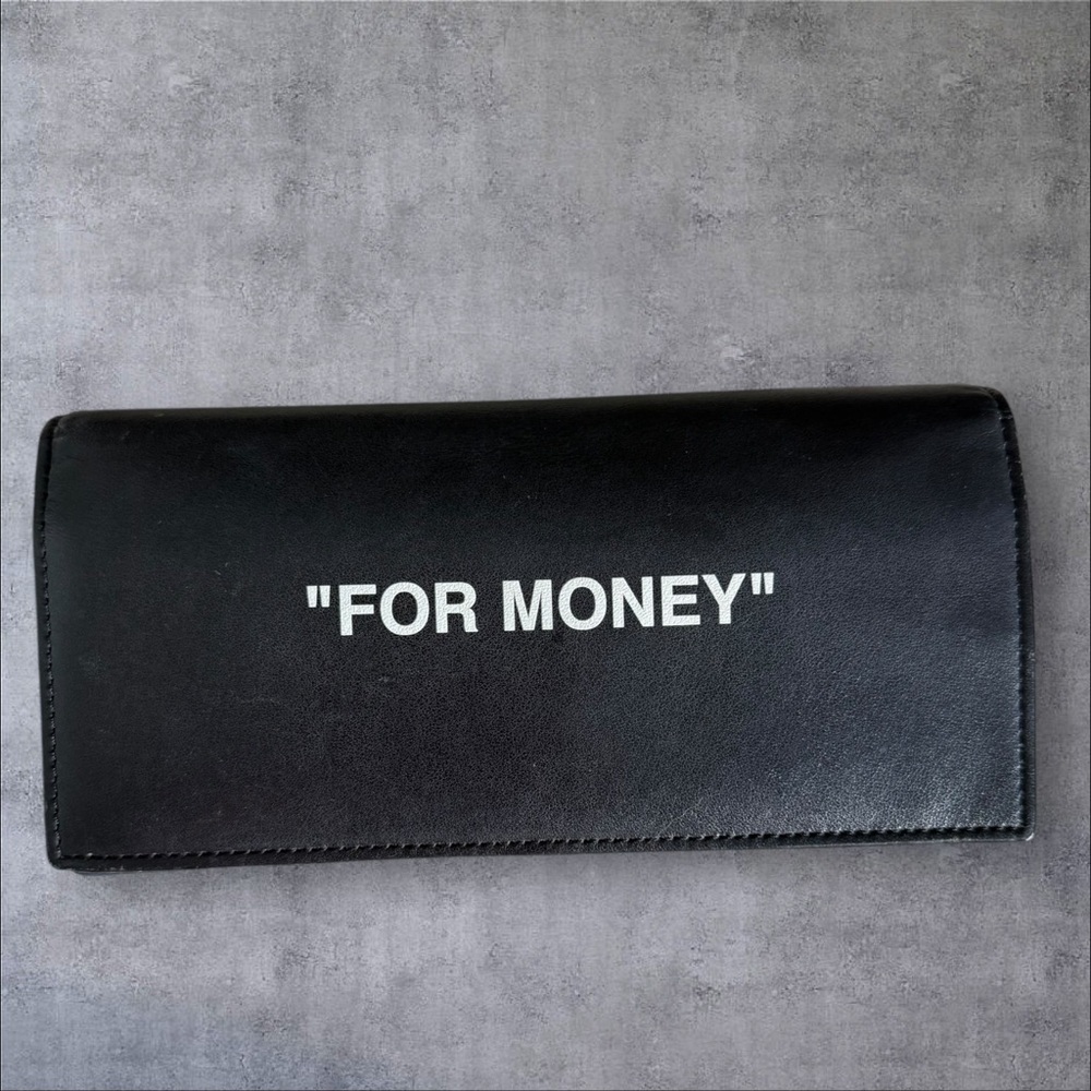 Off-White Virgil Abloh‎ Black Leather FOR MONEY Quote Long Wallet Made in Italy